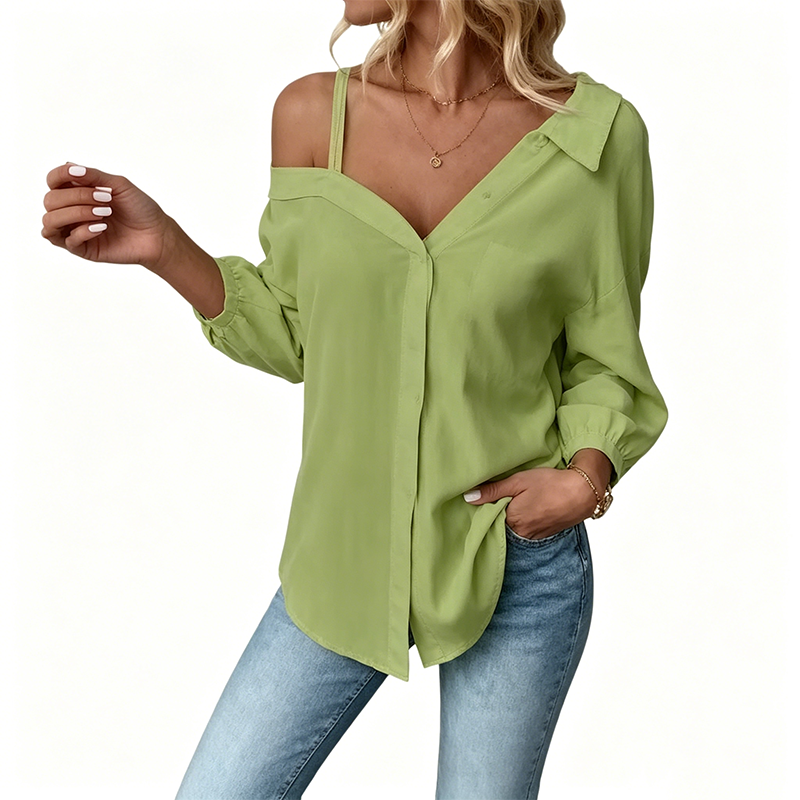 ๐ SCONTO DEL 50%! โจ Camicia da donna con spalle scoperte e abbottonatura โ Asimmetrica, in tessuto stropicciato e con maniche lunghe โ Leggera, casual e chic ๐ซ