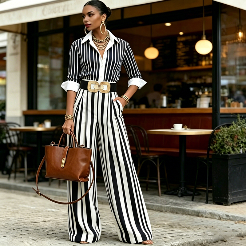 🎁Nuovi articoli con il 60% di sconto💥Completo composto da camicia a righe e pantaloni a gamba larga: comodo ed elegante per tutti i giorni.
