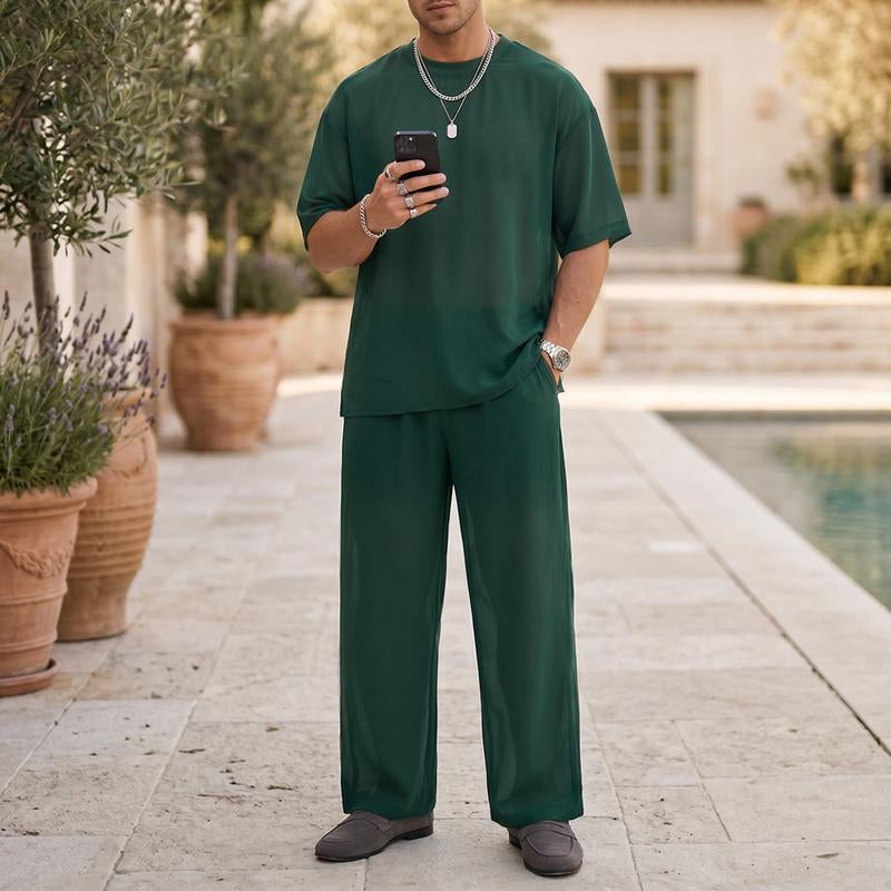🔥 SCONTO DEL 50%! 🔥 Set da 2 pezzi composto da maglietta e pantaloni a zampa per uomo