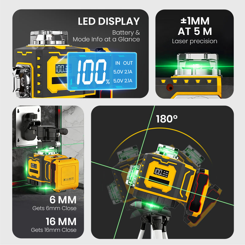 Livella laser ad alta tecnologia ⚡ Raggio a frequenza variabile senza dispersione 🎯 Regolazione tramite touchscreen per linee più spesse, funzionamento a distanza, schermo luminoso: un accessorio indispensabile in cantiere 🛠️