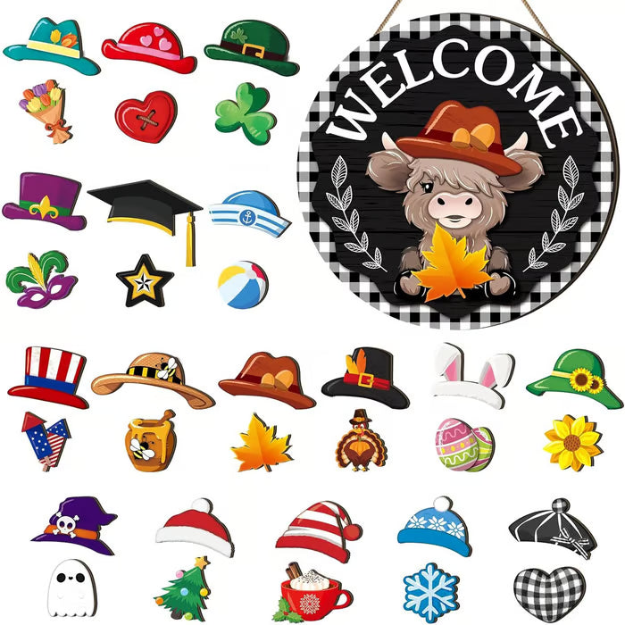 🐇PRIMAVERA 2026 BEST SELLER💥Cartello Highland Cow Cartello di benvenuto intercambiabile con cappelli magnetici rimovibili Simpatici bovini da appendere