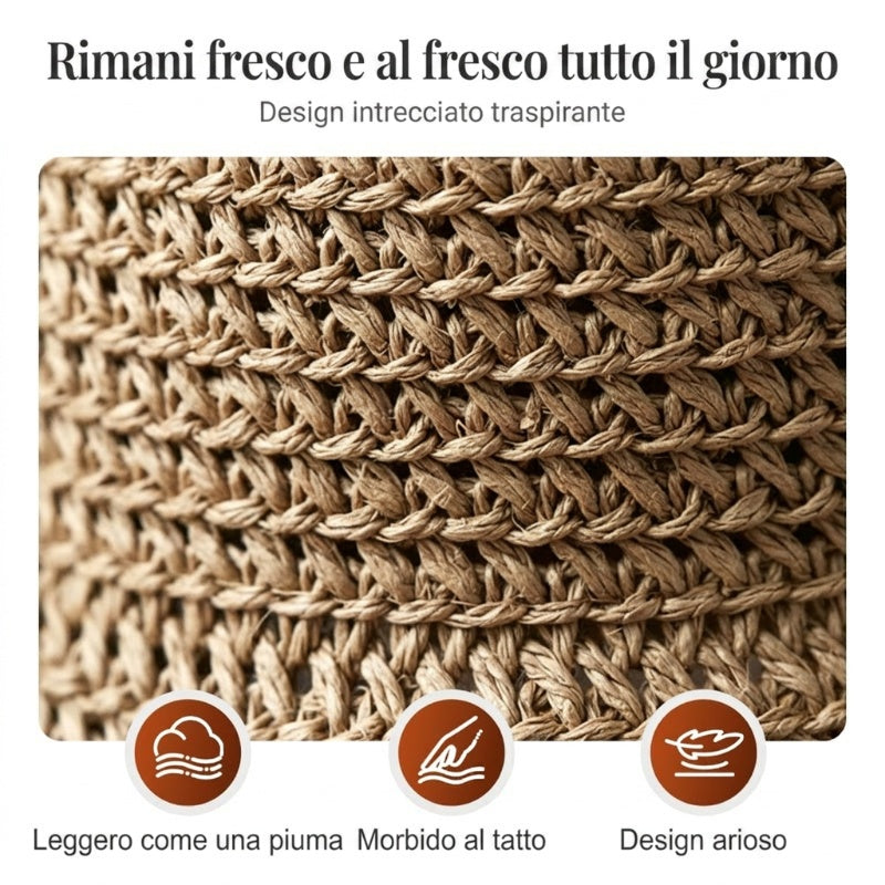 Cappello di paglia in stile francese con fiocco 👒 — Design intrecciato traspirante, ampia falda ondulata, protezione solare ed effetto snellente per il viso. Vestibilità regolabile (non vola via!), pieghevole e compatto 🌊