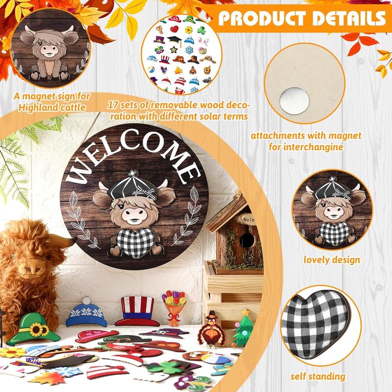 🐇PRIMAVERA 2026 BEST SELLER💥Cartello Highland Cow Cartello di benvenuto intercambiabile con cappelli magnetici rimovibili Simpatici bovini da appendere