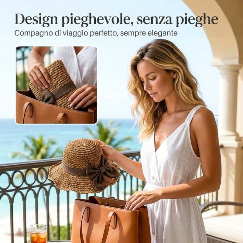 Cappello di paglia in stile francese con fiocco 👒 — Design intrecciato traspirante, ampia falda ondulata, protezione solare ed effetto snellente per il viso. Vestibilità regolabile (non vola via!), pieghevole e compatto 🌊