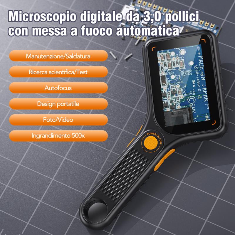 Microscopio Portatile 🔬 — Schermo IPS da 3 pollici, Autofocus 500x, 8 LED regolabili, Acquisizione Foto e Video, Connettività PC — Esplora e cattura liberamente il mondo microscopico! 📸
