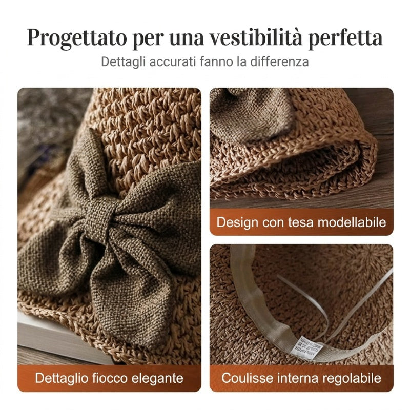 Cappello di paglia in stile francese con fiocco 👒 — Design intrecciato traspirante, ampia falda ondulata, protezione solare ed effetto snellente per il viso. Vestibilità regolabile (non vola via!), pieghevole e compatto 🌊