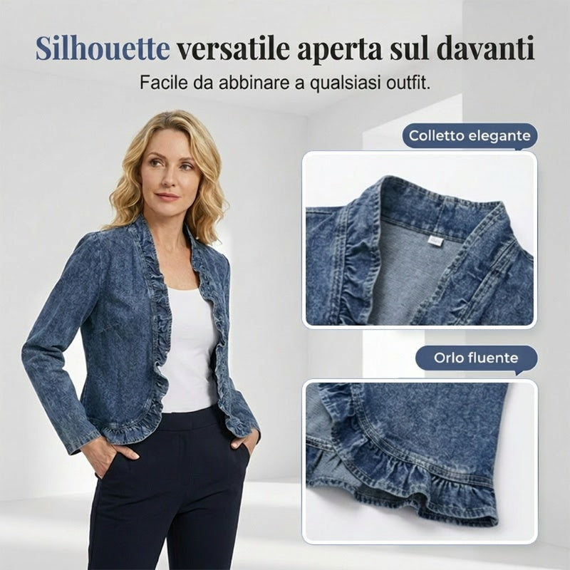 🧥 SCONTO DEL 50%!! 🌸 Giacca in denim da donna con volant e apertura frontale – Leggera e femminile – Versatile ed elegante 👗