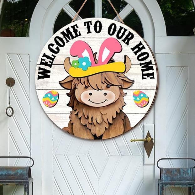 🐇PRIMAVERA 2026 BEST SELLER💥Cartello Highland Cow Cartello di benvenuto intercambiabile con cappelli magnetici rimovibili Simpatici bovini da appendere
