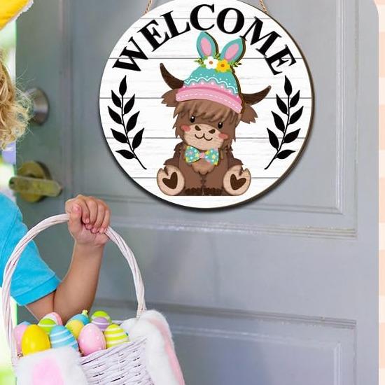 🐇PRIMAVERA 2026 BEST SELLER💥Cartello Highland Cow Cartello di benvenuto intercambiabile con cappelli magnetici rimovibili Simpatici bovini da appendere