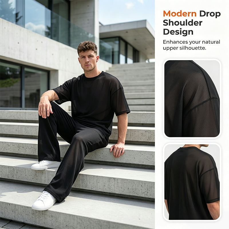 🔥 SCONTO DEL 50%! 🔥 Set da 2 pezzi composto da maglietta e pantaloni a zampa per uomo