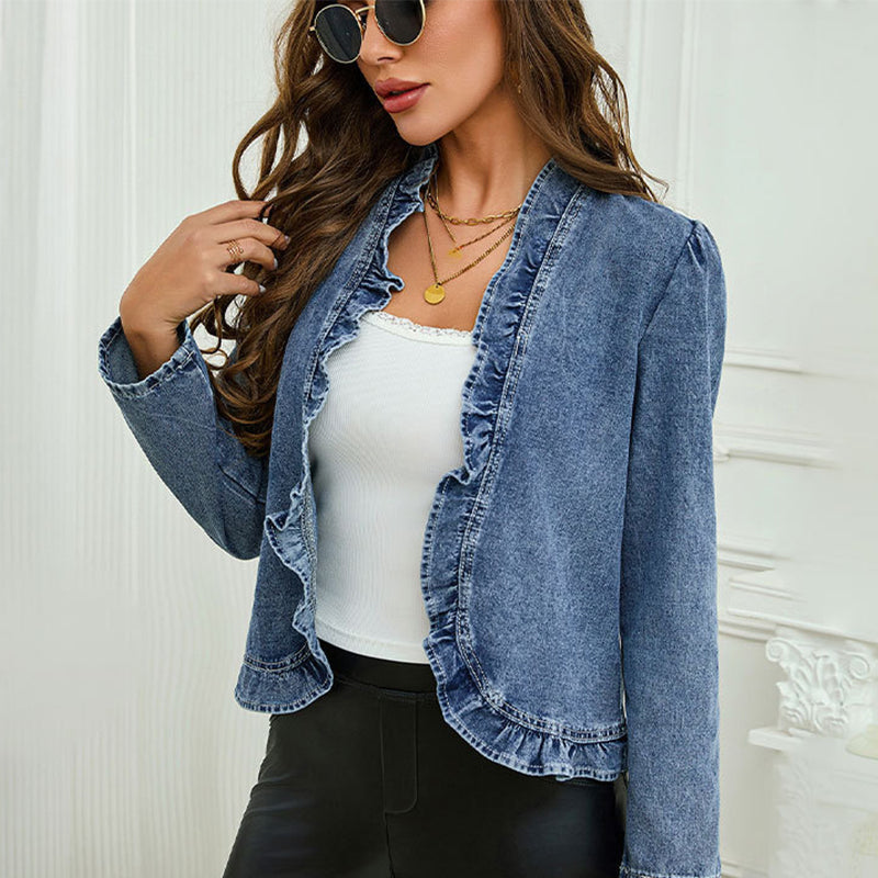 🧥 SCONTO DEL 50%!! 🌸 Giacca in denim da donna con volant e apertura frontale – Leggera e femminile – Versatile ed elegante 👗