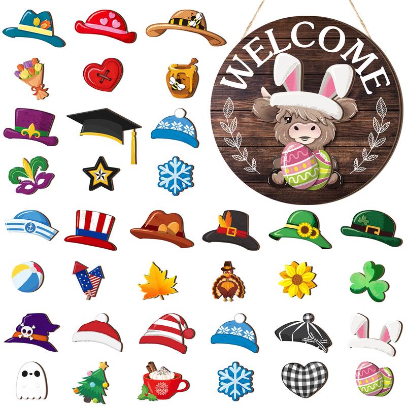 🐇PRIMAVERA 2026 BEST SELLER💥Cartello Highland Cow Cartello di benvenuto intercambiabile con cappelli magnetici rimovibili Simpatici bovini da appendere