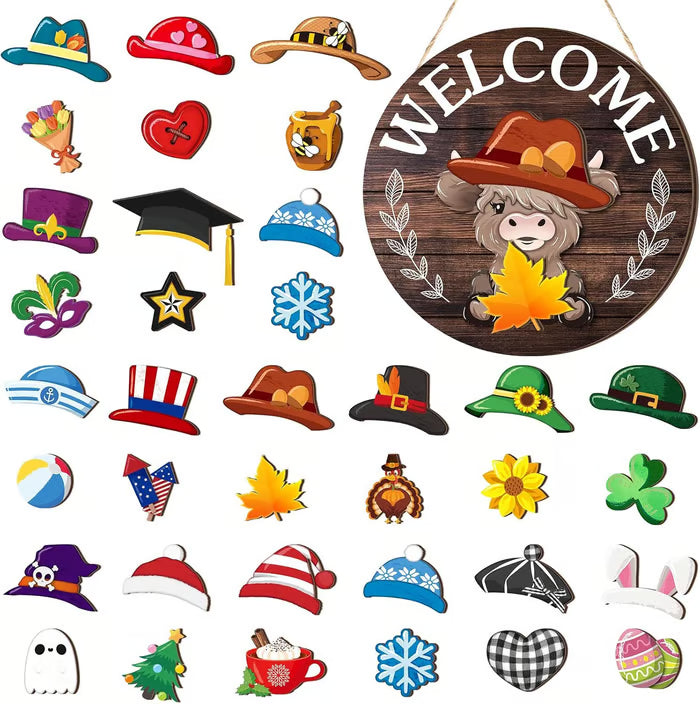 🐇PRIMAVERA 2026 BEST SELLER💥Cartello Highland Cow Cartello di benvenuto intercambiabile con cappelli magnetici rimovibili Simpatici bovini da appendere