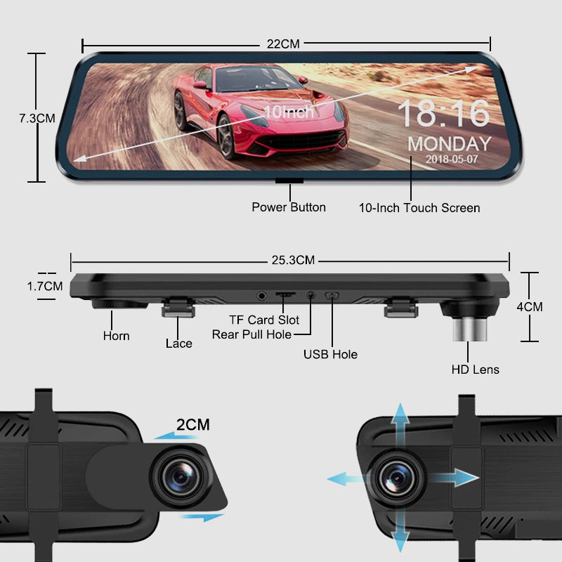 👁️Telecamera di retromarcia e dashcam da 10 pollici con schermo completamente touchscreen – Visione notturna HD 1080P, doppio obiettivo – ideale per guidare e parcheggiare in sicurezza🚗📹