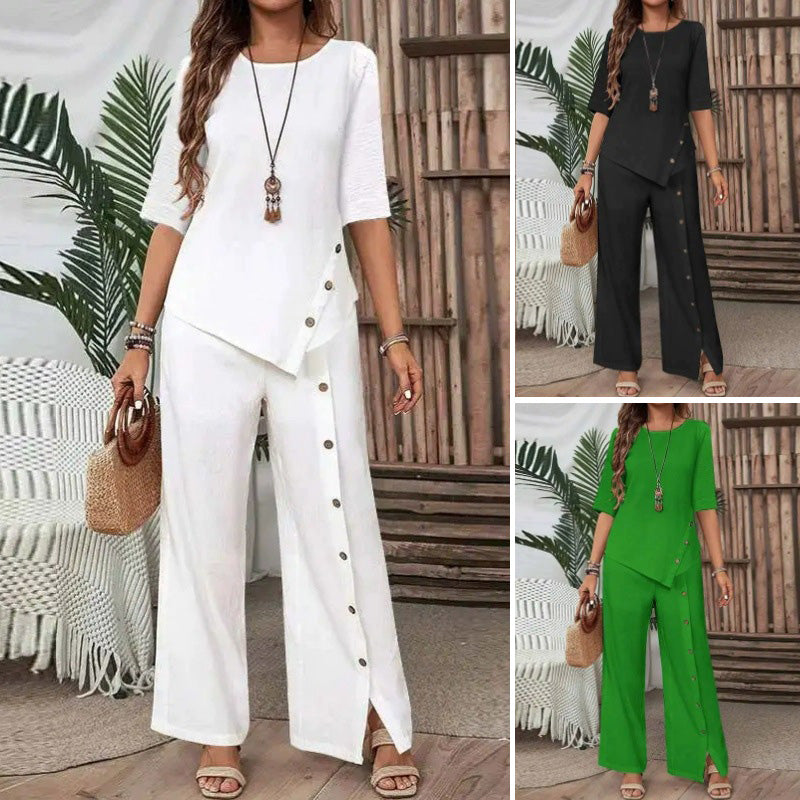 Completo due pezzi asimmetrico 👗: Top asimmetrico + Pantaloni con abbottonatura singola — Vestibilità ampia e traspirante 🛍️