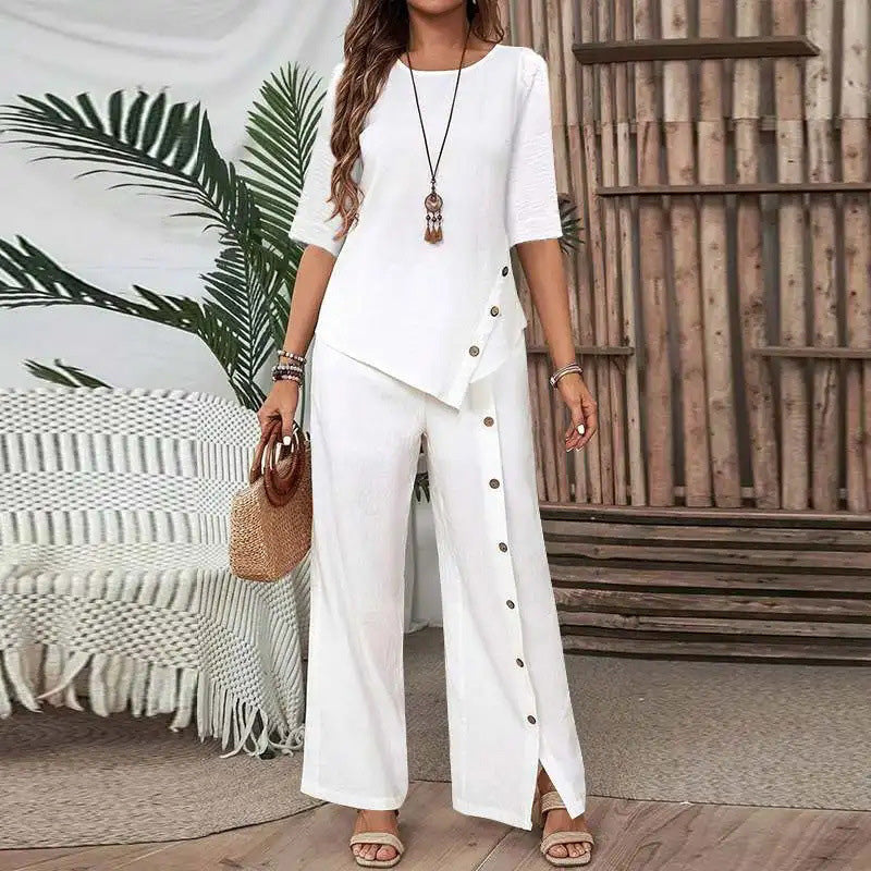 Completo due pezzi asimmetrico 👗: Top asimmetrico + Pantaloni con abbottonatura singola — Vestibilità ampia e traspirante 🛍️