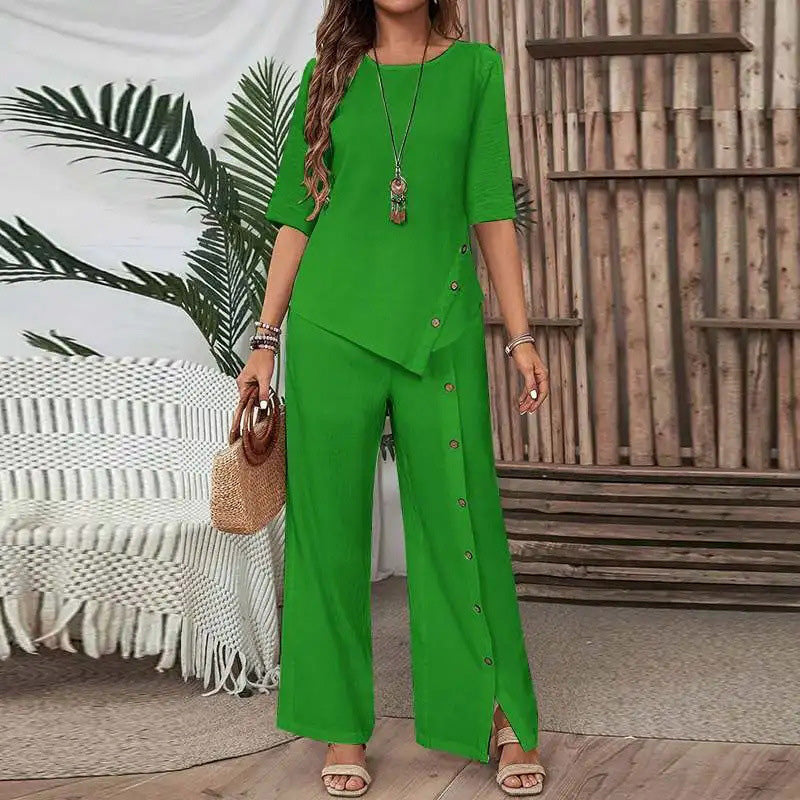 Completo due pezzi asimmetrico 👗: Top asimmetrico + Pantaloni con abbottonatura singola — Vestibilità ampia e traspirante 🛍️