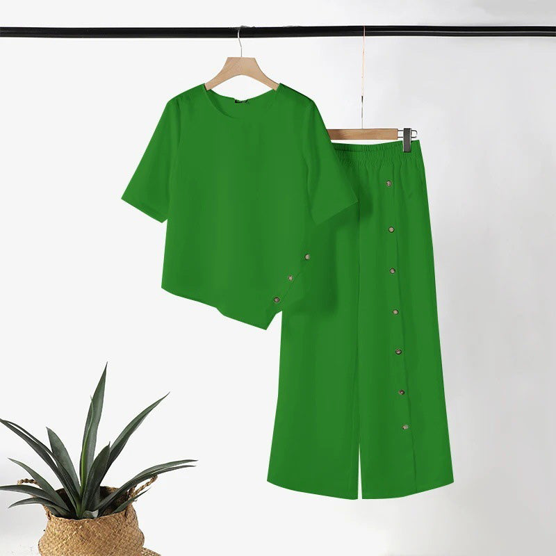 Completo due pezzi asimmetrico 👗: Top asimmetrico + Pantaloni con abbottonatura singola — Vestibilità ampia e traspirante 🛍️