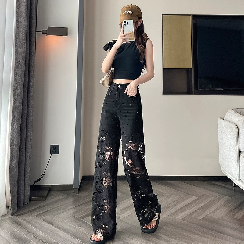 💜 PROMOZIONE ULTIMO GIORNO - 60% DI SCONTO 💜 Pantaloni da donna con stampa di strass a caldo e cuciture a vista