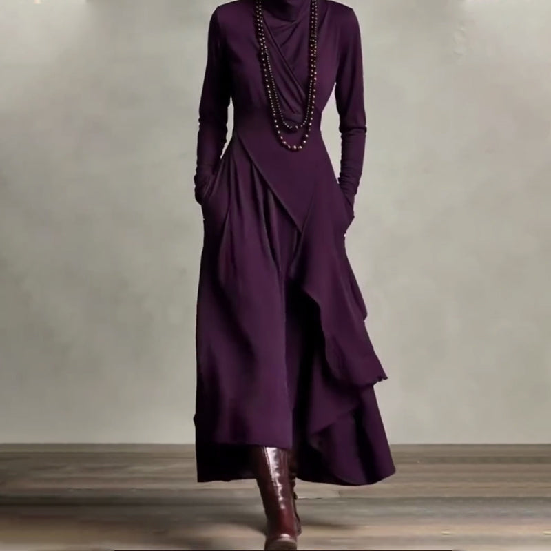 📢📢Sconto del 60%!!!✨Elegante abito lungo asimmetrico drappeggiato da donna con collo alto