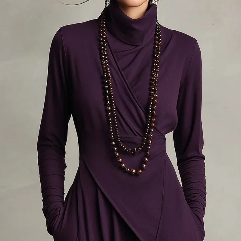 📢📢Sconto del 60%!!!✨Elegante abito lungo asimmetrico drappeggiato da donna con collo alto