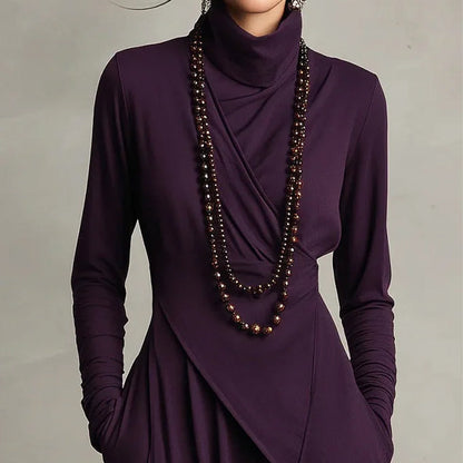 📢📢Sconto del 60%!!!✨Elegante abito lungo asimmetrico drappeggiato da donna con collo alto