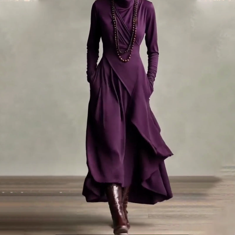 📢📢Sconto del 60%!!!✨Elegante abito lungo asimmetrico drappeggiato da donna con collo alto