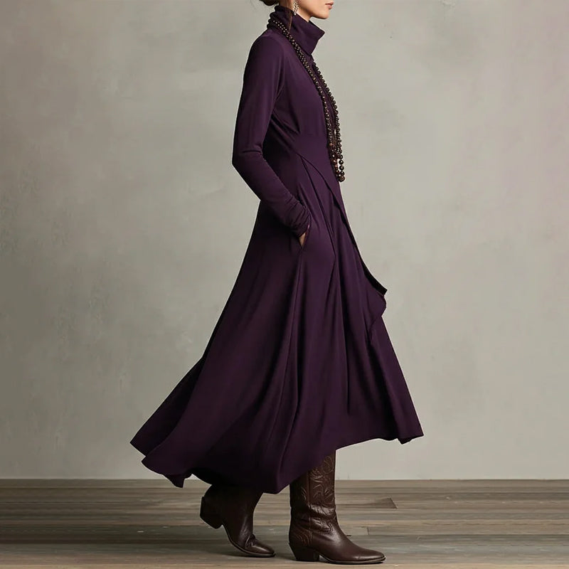 📢📢Sconto del 60%!!!✨Elegante abito lungo asimmetrico drappeggiato da donna con collo alto