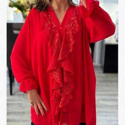 👚 SCONTO DEL 60% ORA! ✨ Top da Donna in Chiffon con Scollo a V e Paillettes – Maniche Lunghe, Elegante Lucentezza & Perfetto per le Occasioni Serali 🌙📦