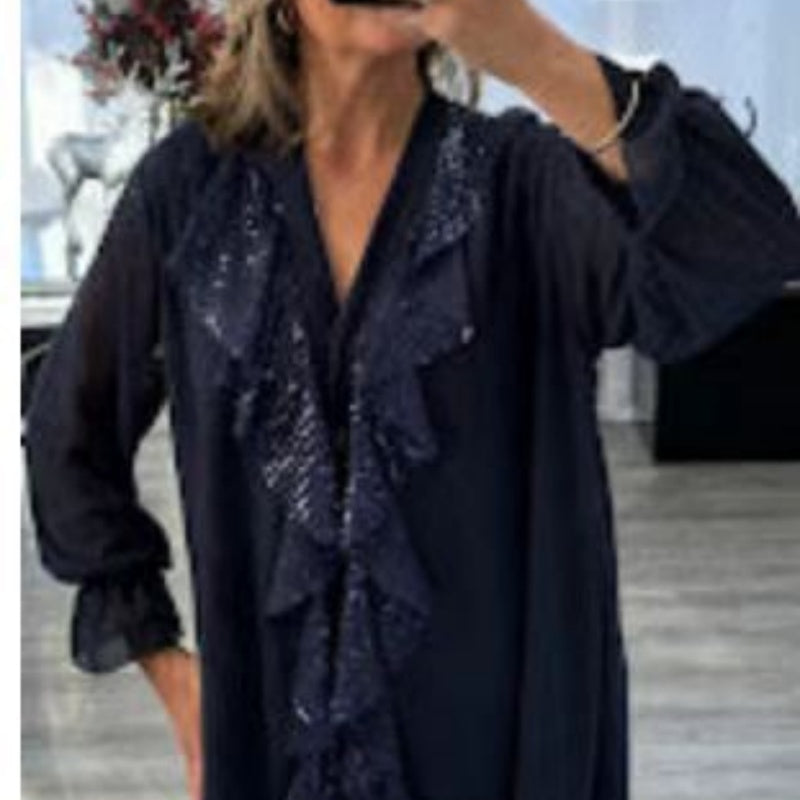 👚 SCONTO DEL 60% ORA! ✨ Top da Donna in Chiffon con Scollo a V e Paillettes – Maniche Lunghe, Elegante Lucentezza & Perfetto per le Occasioni Serali 🌙📦