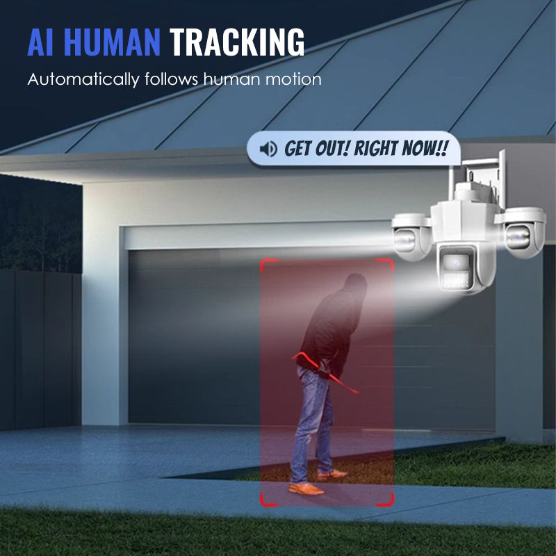 👁️ Vista panoramica a tre occhi, senza protezione degli angoli ciechi | Telecamera di sicurezza PTZ intelligente a 360° 🚀