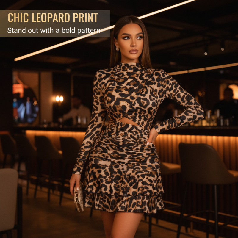 🔥60% DI SCONTO💖Abito Mini Arricciato con Stampa Leopardata da Donna