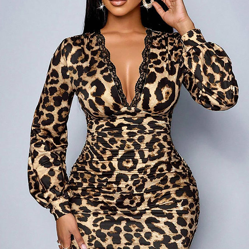📢📢SCONTO DEL 60% !! ⏰Abito da donna in pizzo leopardato con scollo a V e maniche a lanterna, lunghezza media