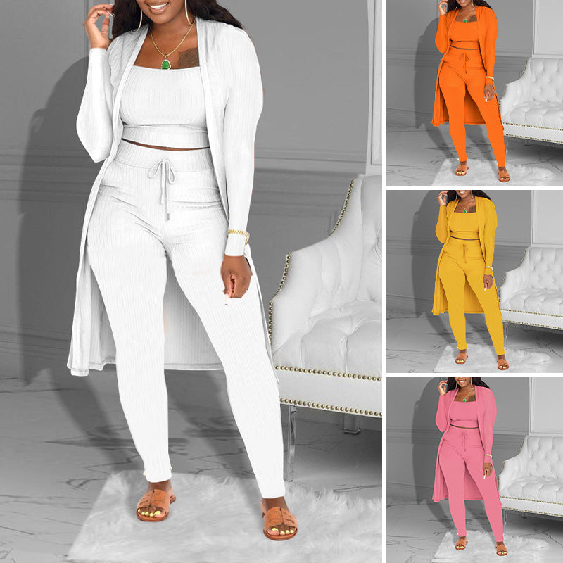 💃ULTIMO GIORNO DI SALDI - 60% DI SCONTO🔥Set casual in maglia da 3 pezzi: top corto, cardigan e pantaloni💞