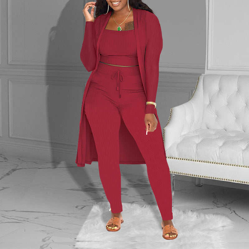 💃ULTIMO GIORNO DI SALDI - 60% DI SCONTO🔥Set casual in maglia da 3 pezzi: top corto, cardigan e pantaloni💞