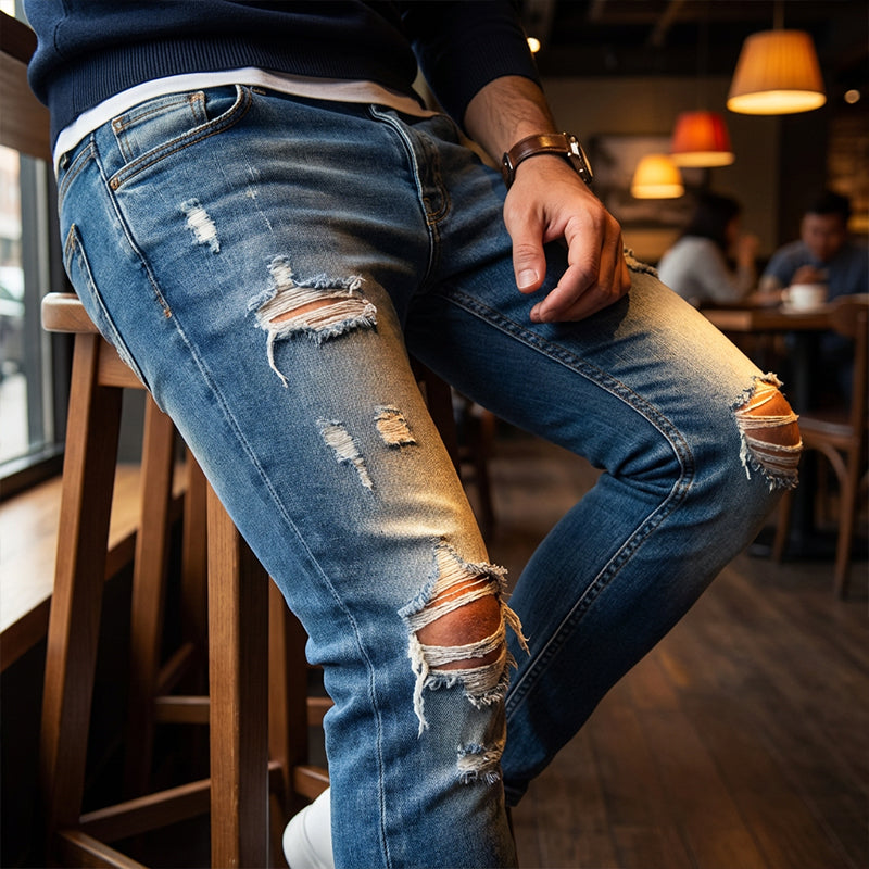👖SCONTO DEL 60%! 🔥 Jeans skinny da uomo alla moda con effetto consumato – Vestibilità slim affusolata, cotone traspirante e dettagli strappati di tendenza
