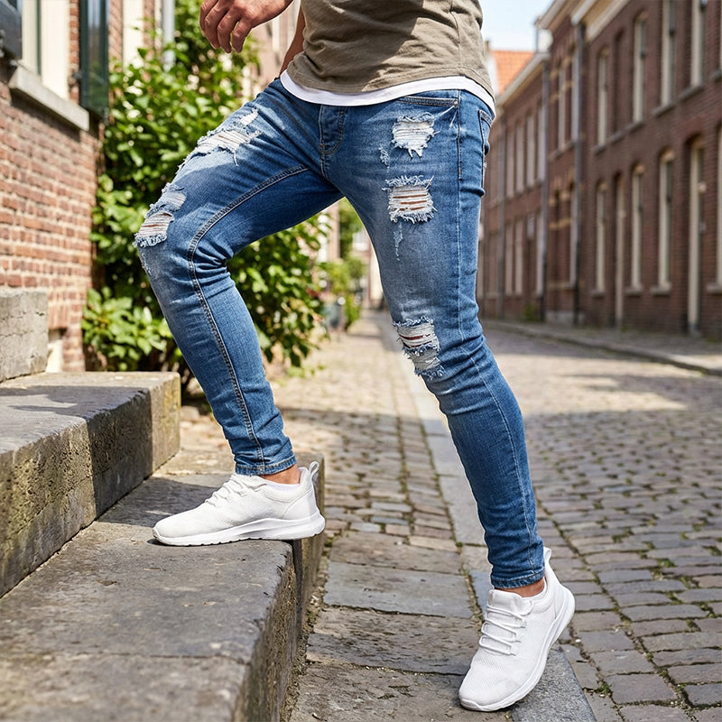 👖SCONTO DEL 60%! 🔥 Jeans skinny da uomo alla moda con effetto consumato – Vestibilità slim affusolata, cotone traspirante e dettagli strappati di tendenza