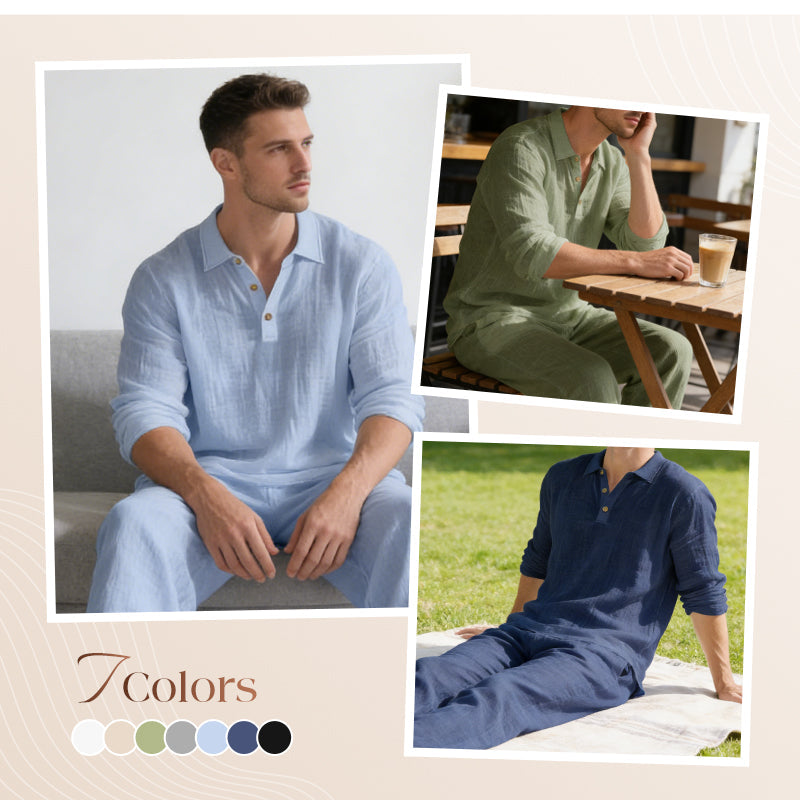 Completo due pezzi in lino ✨ Trasmette immediatamente raffinatezza. Traspirante e non fa sudare. Presenta un colletto a revers e tasche laterali. Perfetto dalla spiaggia alla cena. 🌊