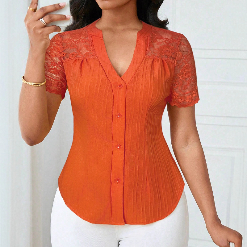 🌼OFFERTA ULTIMO GIORNO - 60% DI SCONTO👚Camicetta estiva da donna con scollo a V, maniche in pizzo e bottoni