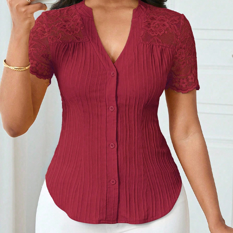 🌼OFFERTA ULTIMO GIORNO - 60% DI SCONTO👚Camicetta estiva da donna con scollo a V, maniche in pizzo e bottoni