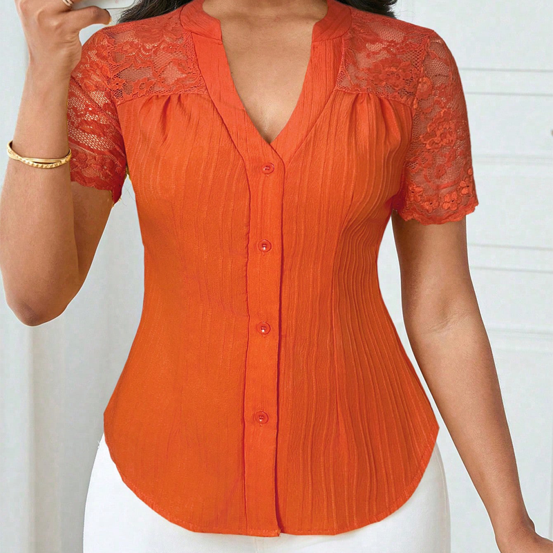 🌼OFFERTA ULTIMO GIORNO - 60% DI SCONTO👚Camicetta estiva da donna con scollo a V, maniche in pizzo e bottoni