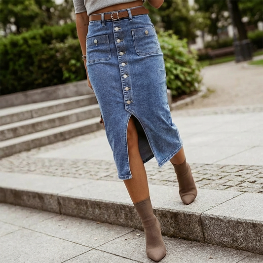 🔈🔈SCONTO DEL 60%👗Gonna in denim a vita alta con bottoni sul davanti