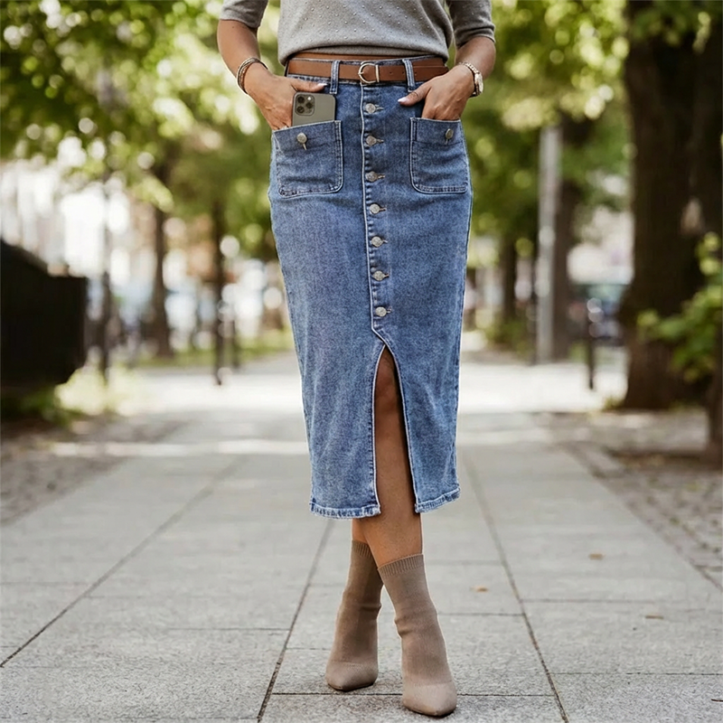 🔈🔈SCONTO DEL 60%👗Gonna in denim a vita alta con bottoni sul davanti