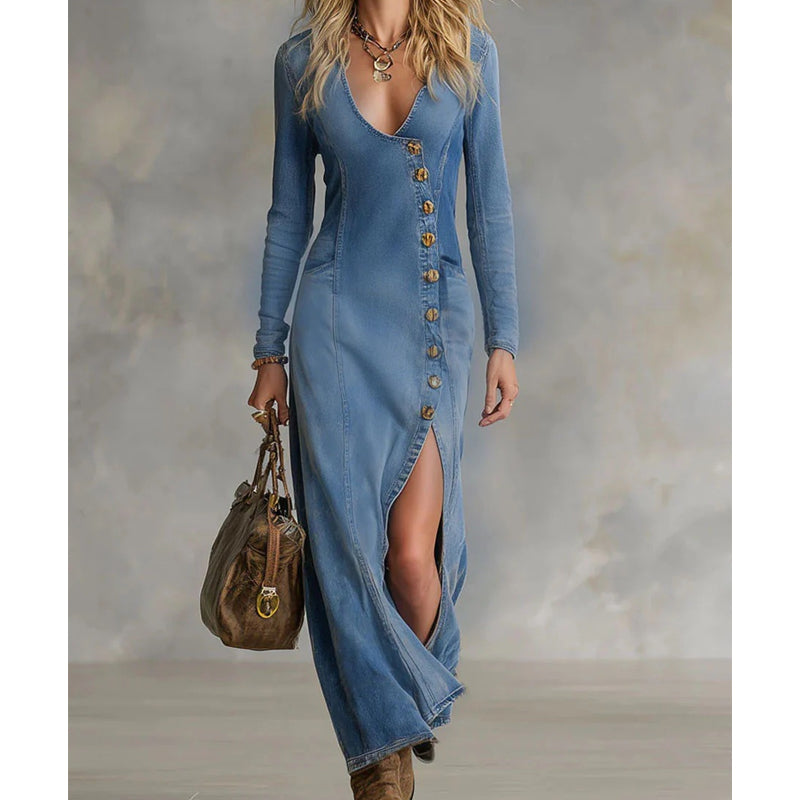👗SCONTO DEL 60%!🔥 Abito lungo da donna con scollo a V e maniche lunghe - Tessuto morbido, vestibilità aderente ed elegante spacco alto💫💃