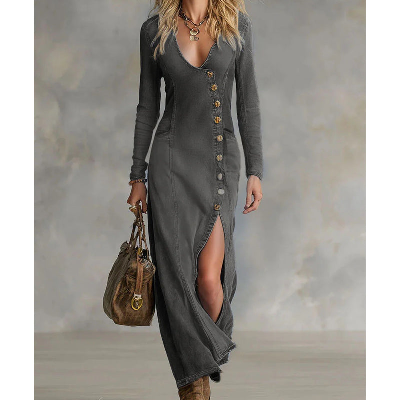 👗SCONTO DEL 60%!🔥 Abito lungo da donna con scollo a V e maniche lunghe - Tessuto morbido, vestibilità aderente ed elegante spacco alto💫💃