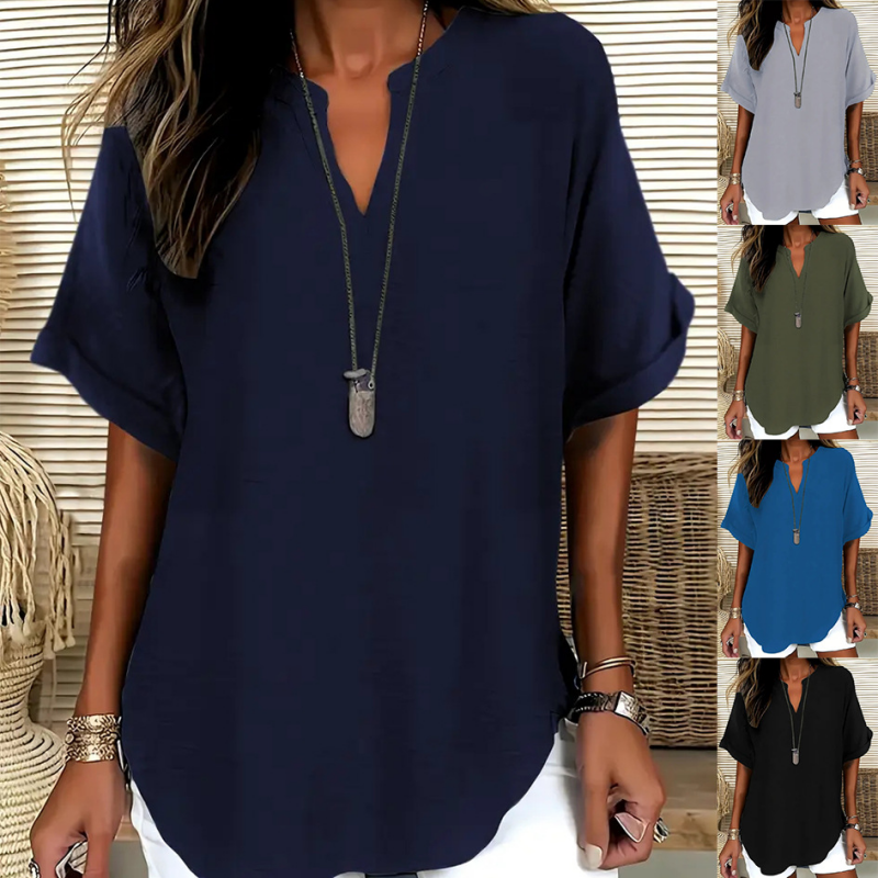 👚SCONTO DEL 60%! 🔥Top alla moda a maniche corte, ampio, con scollo a V profondo, orlo asimmetrico e tessuto leggero (5 colori, taglie dalla S alla 2XL) 🌸
