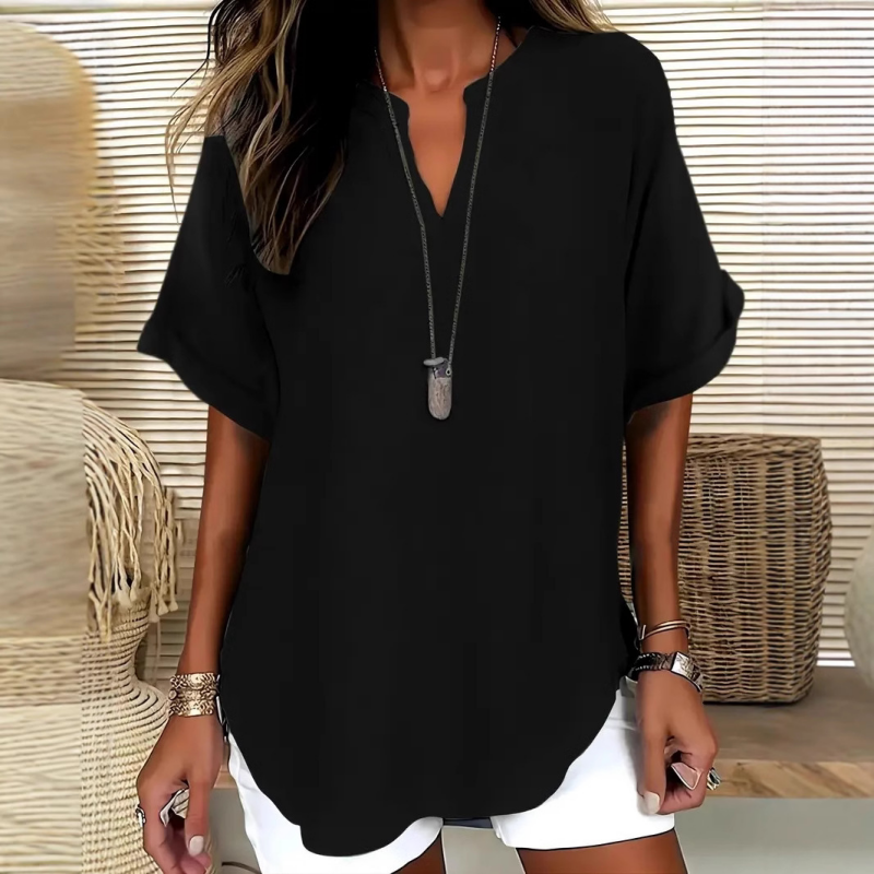 👚SCONTO DEL 60%! 🔥Top alla moda a maniche corte, ampio, con scollo a V profondo, orlo asimmetrico e tessuto leggero (5 colori, taglie dalla S alla 2XL) 🌸