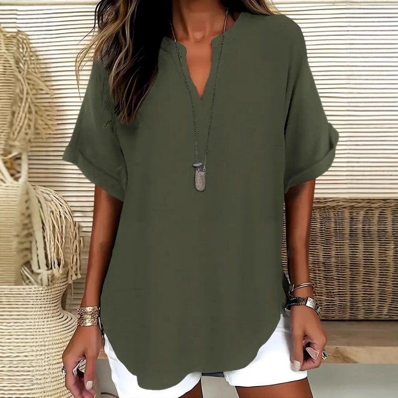 👚SCONTO DEL 60%! 🔥Top alla moda a maniche corte, ampio, con scollo a V profondo, orlo asimmetrico e tessuto leggero (5 colori, taglie dalla S alla 2XL) 🌸