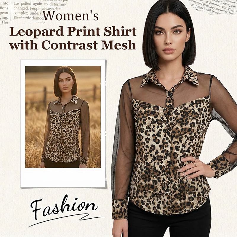 👚SCONTO DEL 60%! 🐆 Camicetta da donna con stampa leopardata e inserti in rete a contrasto – Maniche lunghe, vestibilità aderente e perfetta per l'ufficio e la sera ✨