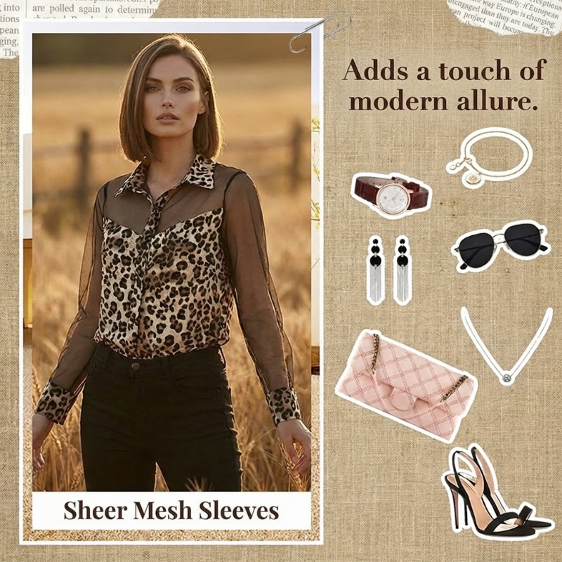 👚SCONTO DEL 60%! 🐆 Camicetta da donna con stampa leopardata e inserti in rete a contrasto – Maniche lunghe, vestibilità aderente e perfetta per l'ufficio e la sera ✨